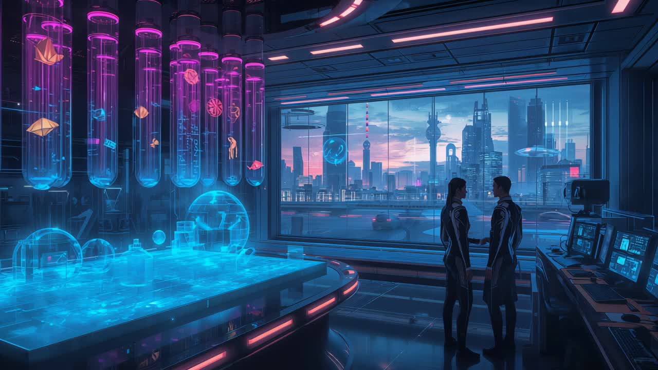 A Futuristic Lab with Scientists and a Cityscape View