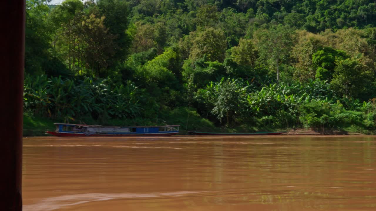 orilla del río con fondo de bosque verde, estacionamiento de barcos en el lado, soleado