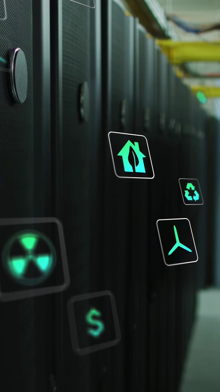 Tracking row of black server racks moving along datacenter aisle, with green holograms, copy space
