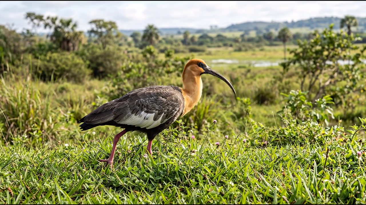 Pássaro íbis selvagem em pastagem rural e ambiente natural, filmagem de vida selvagem gerada por IA