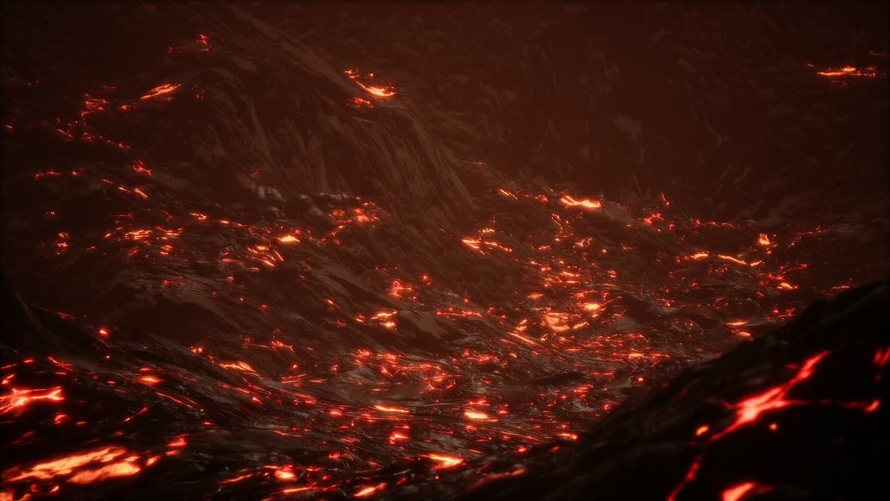 Red Orange vibrant Molten Lava flowing onto grey lavafield and glossy rocky land