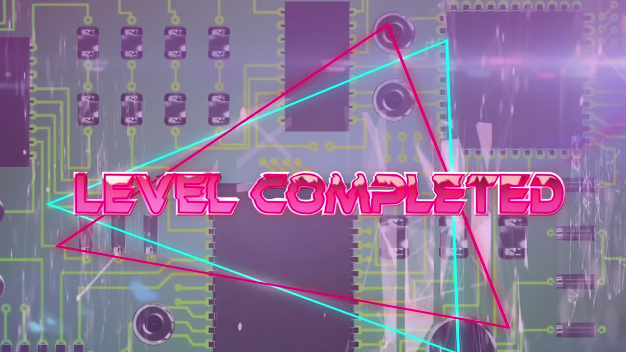 Animated "level completed" text over "challenge accepted" on grey, symbolizing gaming progress