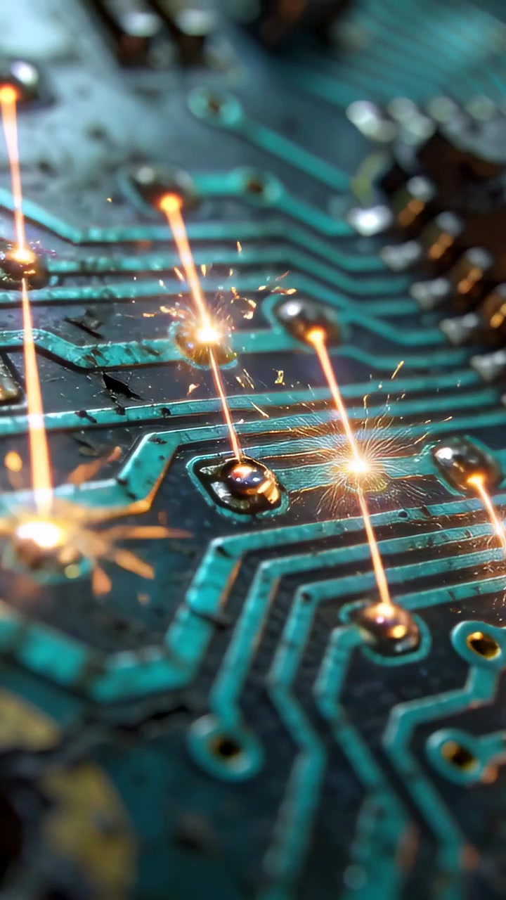 Vertical video: Laser beams descending, striking solder joints and melting pads for PCB repair demo