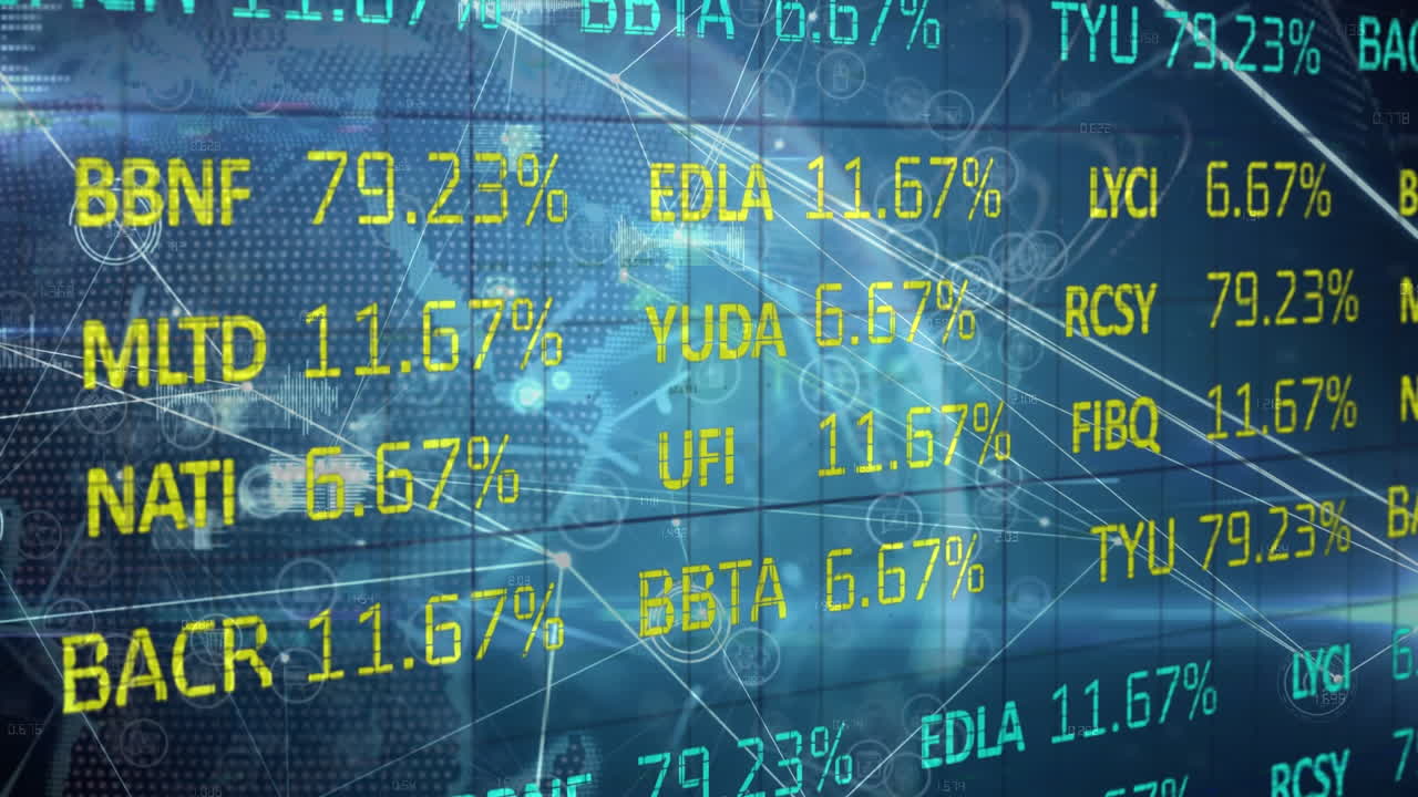 Animation of network of connections financial data on stock market screen with globe