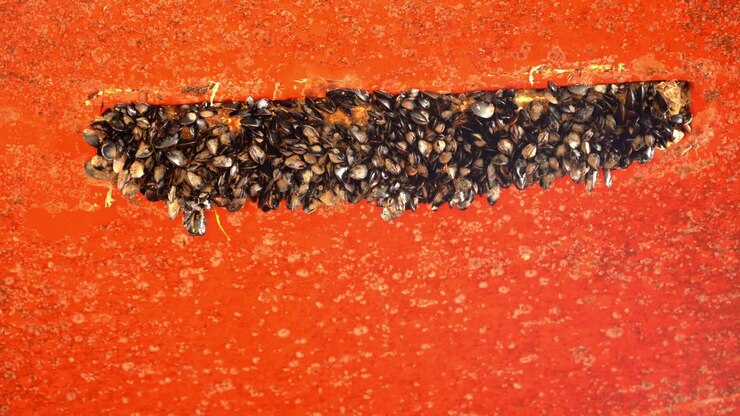 Revealing zinc anode on ships hull completely covered in mussels and dirt - Marine life and shells causing high energy consumption of ship - Handheld clip