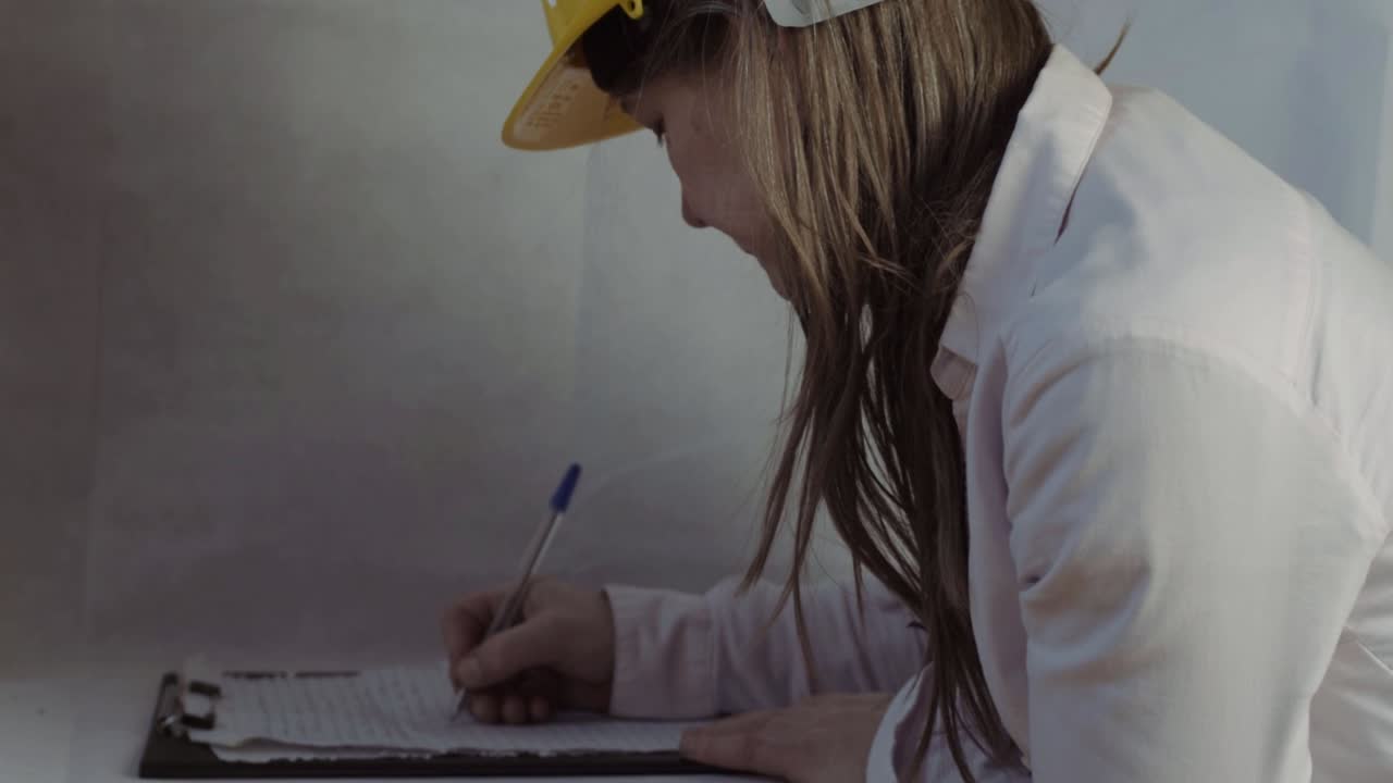 Woman wearing yellow hard safety hat writing up notes