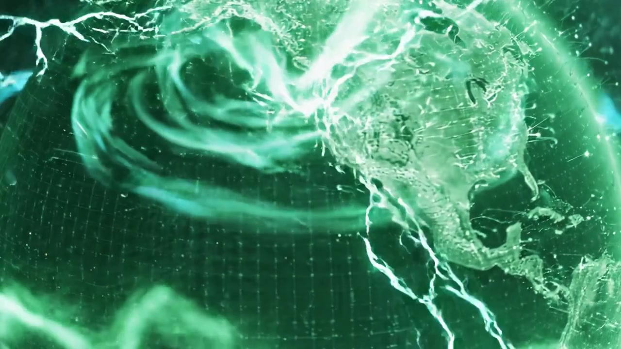 Una straordinaria visualizzazione della Terra avvolta da impulsi di energia verde, che evidenzia il movimento rotatorio del pianeta su uno sfondo cosmico.