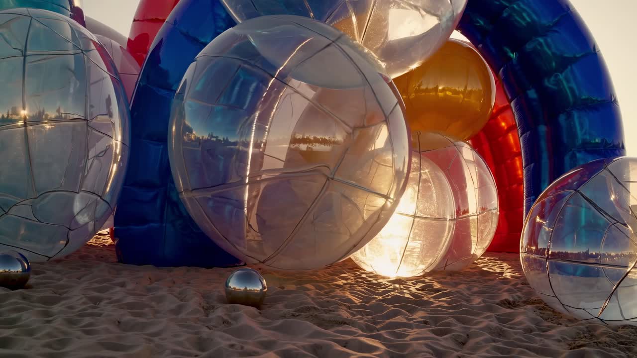 Inflatable transparent and colored balls and arches of different sizes stand on a sandy beach, reflecting the sunlight and creating a surreal atmosphere