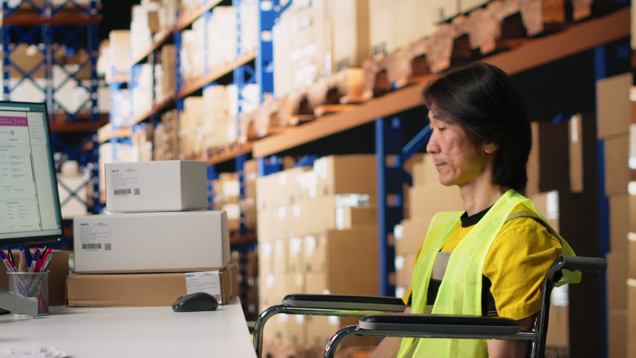 Vertical Video Asian man wheelchair user typing tracking numbers on a computer software