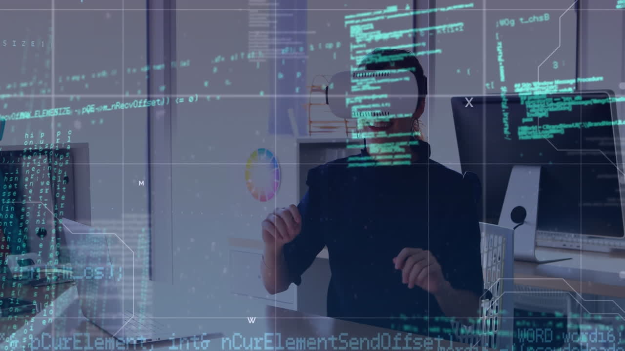 animación del procesamiento de datos sobre una mujer de negocios caucásica