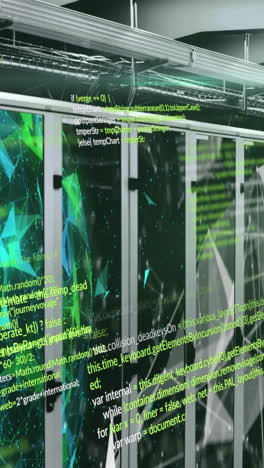 animation of data processing and shapes over server room