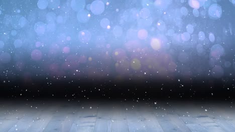 animation of snow falling over glowing spots of light with copy space and wooden surface