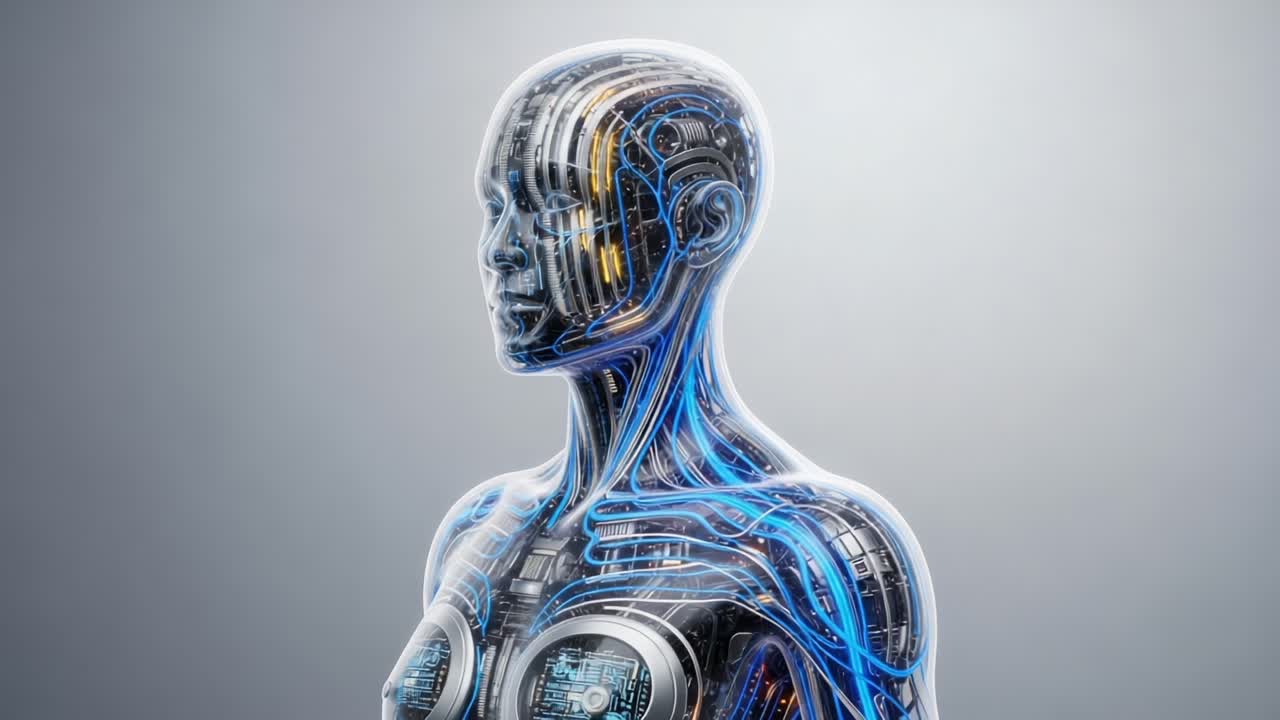 Futuristic Robotic Transparent Figure with Exposed Wiring and Circuitry Showcasing Advanced Technology and Human-like Features in a Minimalistic Background