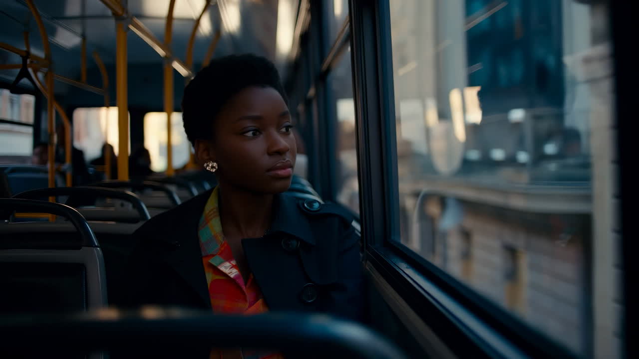 Thoughtful Young Black Woman Looking Out Bus Window