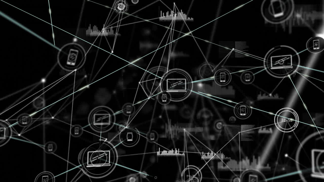 animación de la red de conexiones con iconos sobre fondo negro