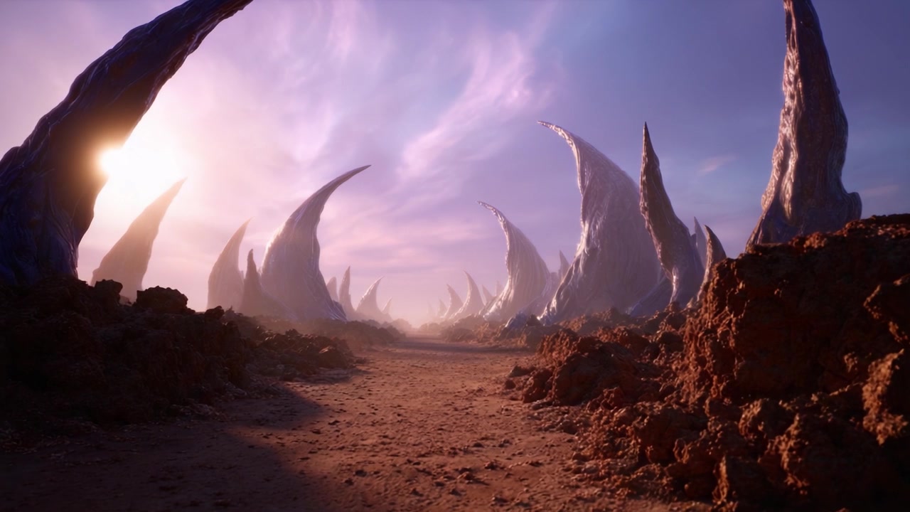A Surreal Landscape of Jagged Spires: A Journey Through an Otherworldly Terrain Bathed in Mystical Light and Eerie Shadow, Evoking Wonder and Intrigue