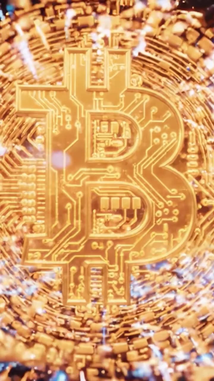 Simbolo dorato del Bitcoin su uno sfondo high-tech che rappresenta le tendenze delle criptovalute e della finanza digitale in un ambiente dinamico e moderno.
