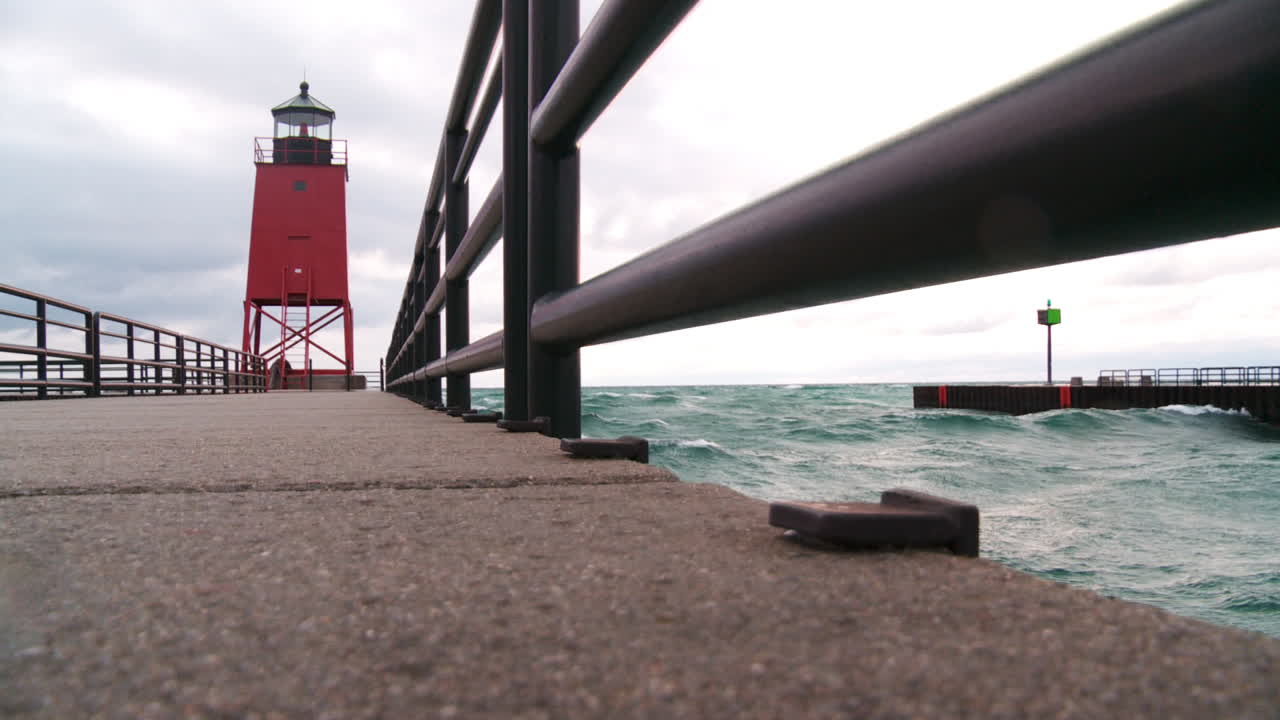 Lake Michigan lighthouse on cold winter day