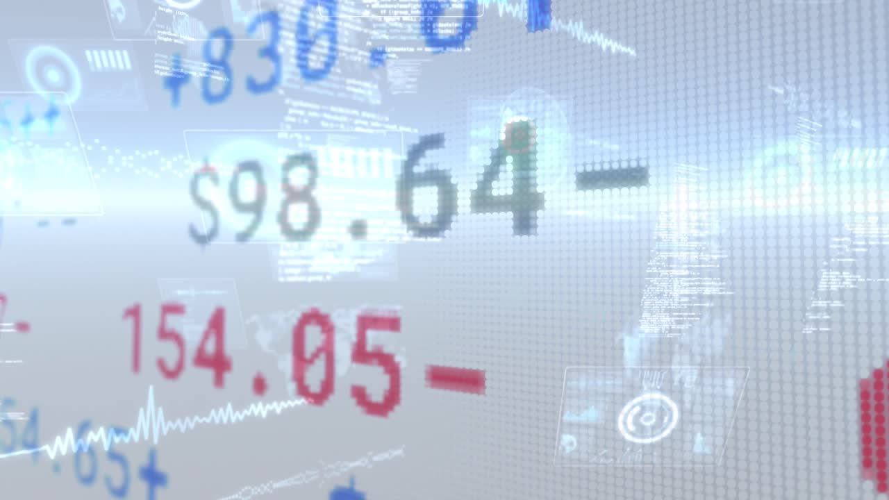 재무 데이터와 텍스트 정보가  ⁇ 색 배경 위에 움직이는 인터페이스 화면의 애니메이션