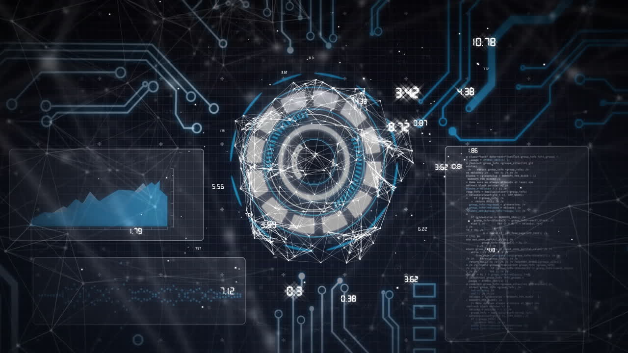 Animation of futuristic digital interface with data charts and circuit patterns
