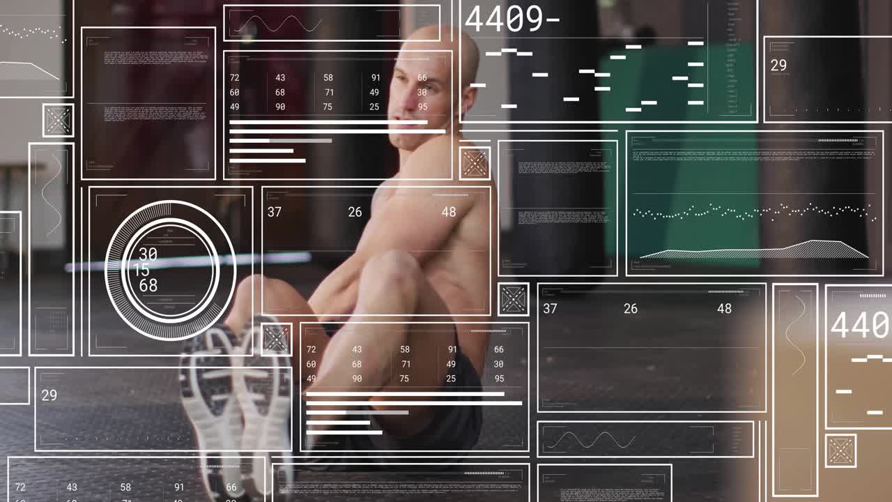 Fitness enthusiast grabbing med ball and initiating data overlay while twisting torso tracking core