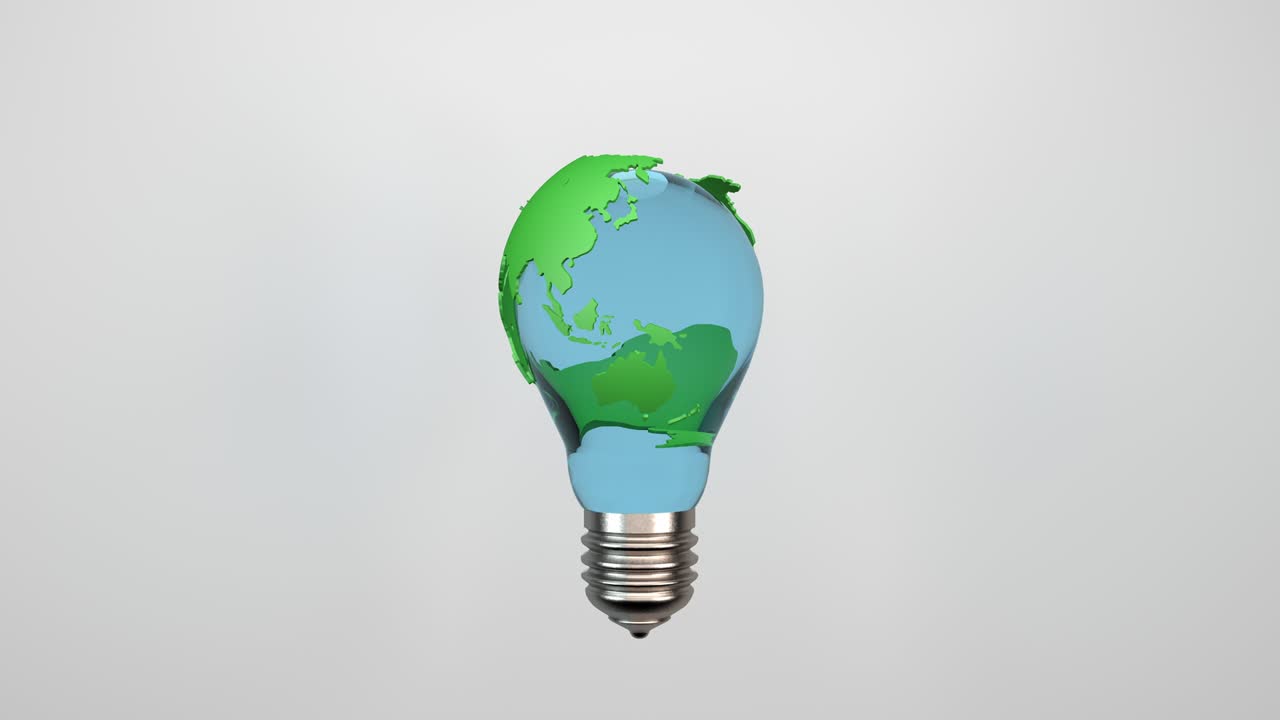el planeta tierra en una bombilla eléctrica gira en un bucle sobre un fondo blanco vacío. ecología, electricidad, conservación del medio ambiente, concepto de recursos de energía renovable