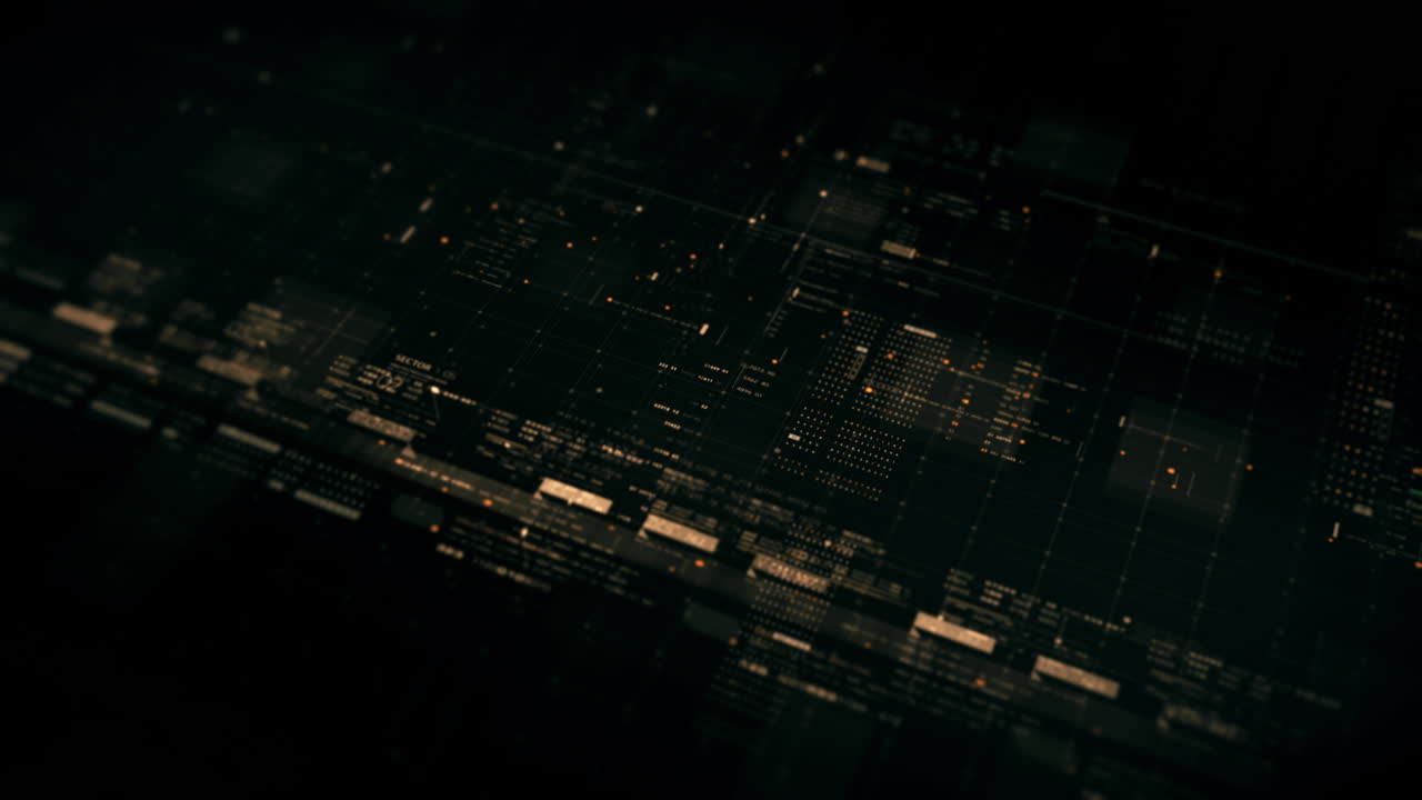 Advance data matrix, telemetry and encrypt numbers simulation user interface display in cyber space abstract de-focus environment background