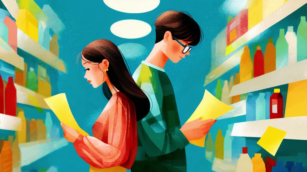 Two individuals immersed in a colorful retail environment, intently comparing notes as they navigate an aisle filled with various brightly colored bottles and products