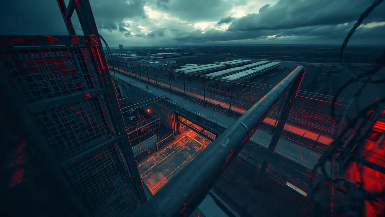 At dusk, camera capturing metal catwalk glowing red neon strips at plant rooftop, emphasizing mood
