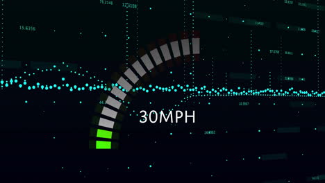 animation of speedometer and data processing over black background