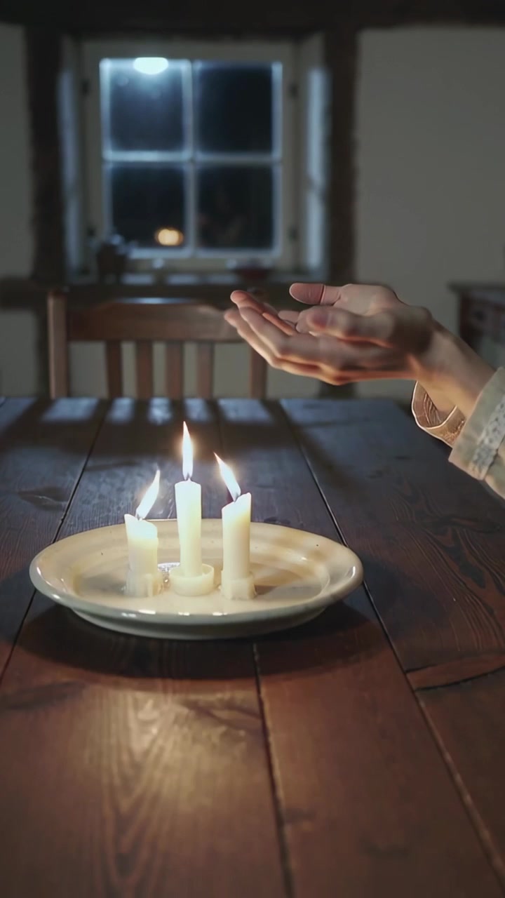 Vertical video: Entering hands with cuff cupping three candles at wood table, warming palms