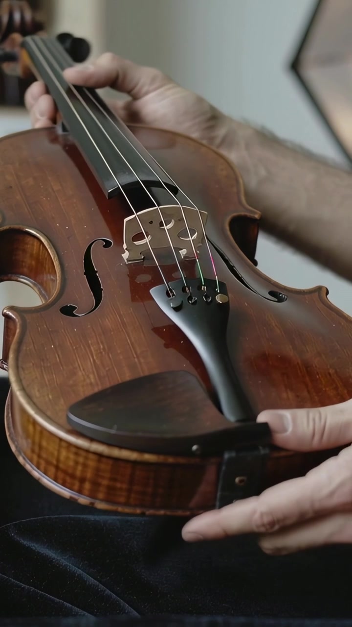 Vertical video: Bringing hands holding violin neck, turning clamp smoothing chinrest home for play