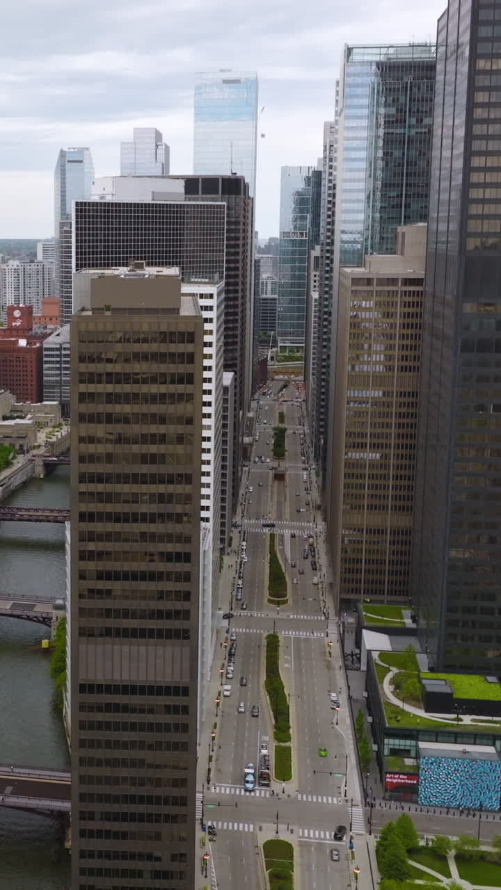 Chicago River with numerous bridges over. Drone rising along the beautiful buildings above the river. Grey day backdrop. Vertical video