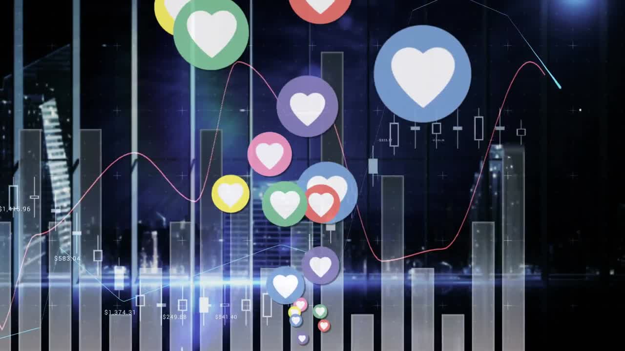 animación de datos estadísticos e iconos de corazón sobre la oficina de negocios