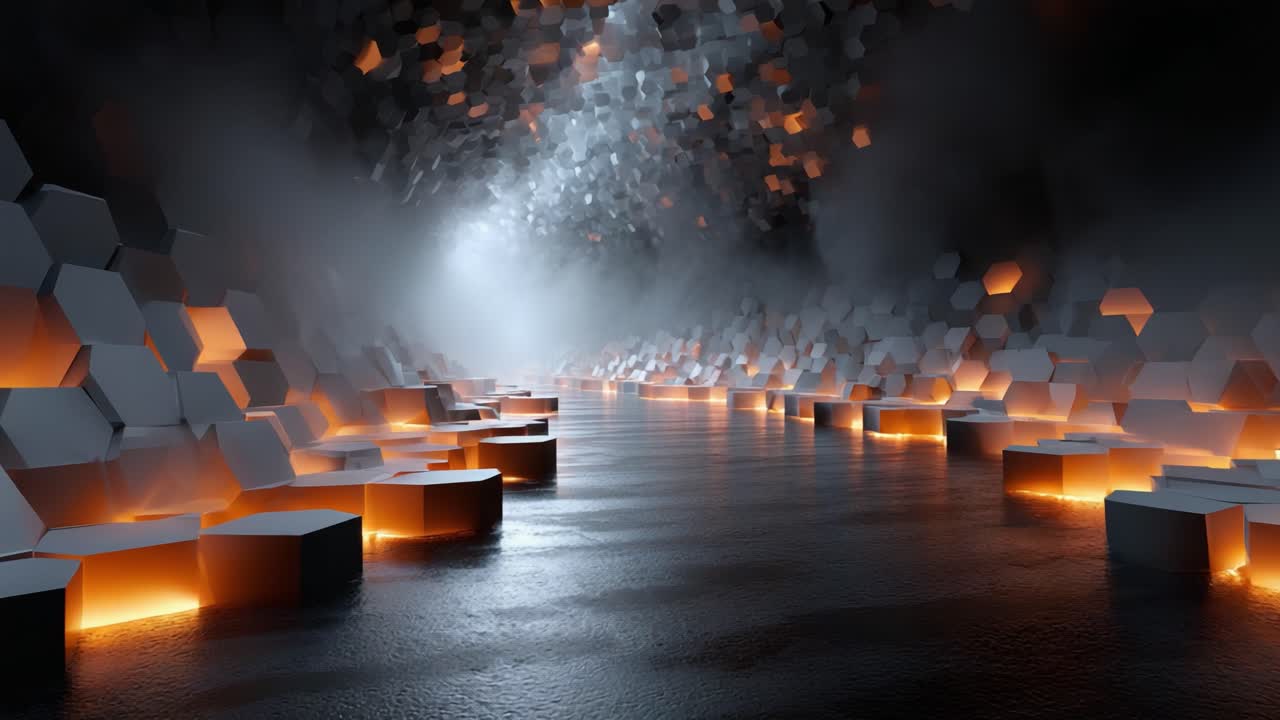 A Stunningly Abstract Environment Featuring Hexagonal Shapes and Atmospheric Lighting, Creating a Unique and Mysterious Visual Experience in a Darkened Space