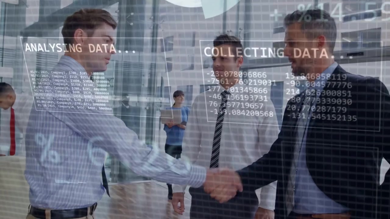 Left man starting shake with right man, middle watching, sealing business deal, HUD charts rising