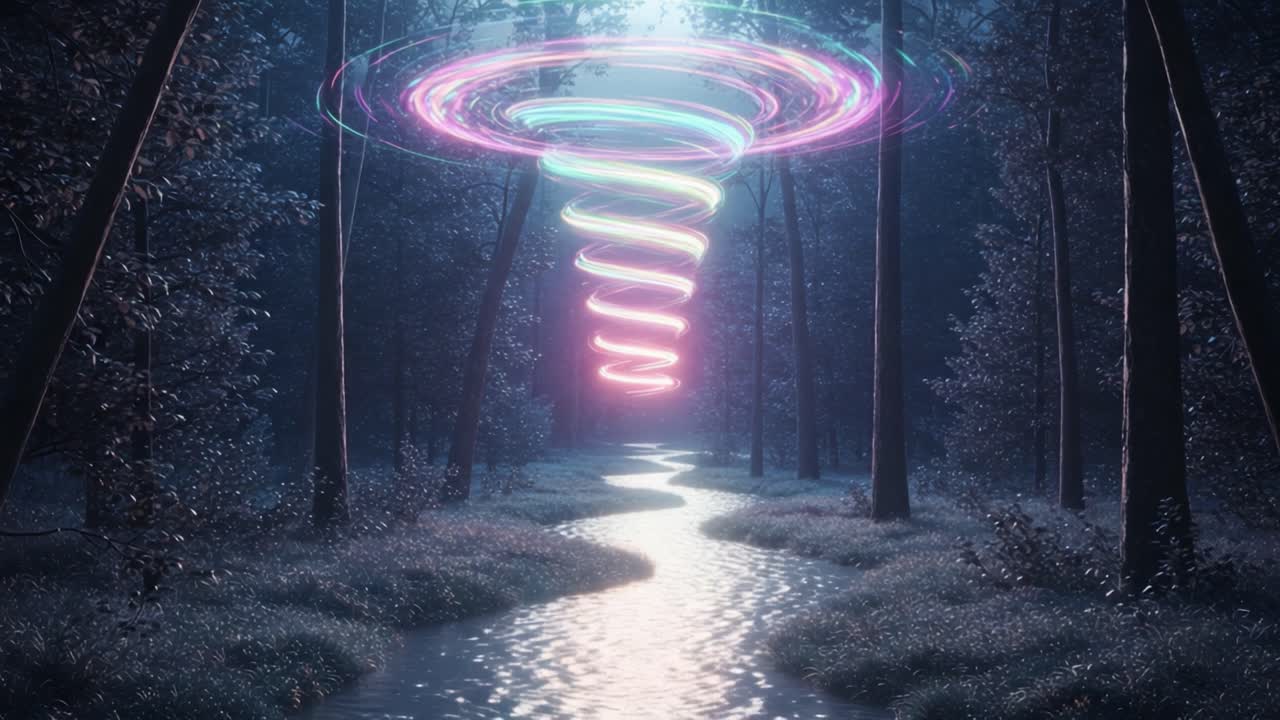 A Captivating Visual Journey Through a Mystical Forest with a Vibrant Spiral Phenomenon Illuminating the Night, Creating an Enchanting Atmosphere of Wonder and Exploration