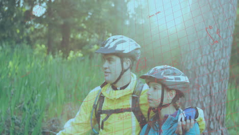 man and woman in cycling gear exploring forest clearing, showing technology grid and math formulas