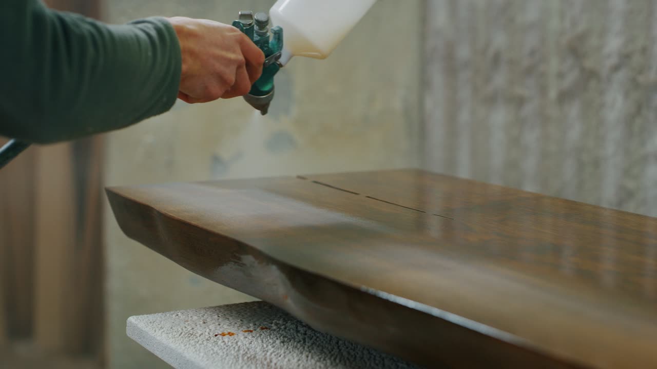 Close up of professional carpenter working on woodworking machines in a workshop of wood factory.