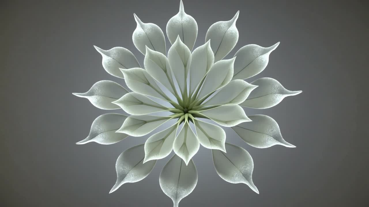 Forma branca semelhante a uma flor desdobrando-se através de uma sequência temporizada para design de movimento, revelando pétalas em camadas.