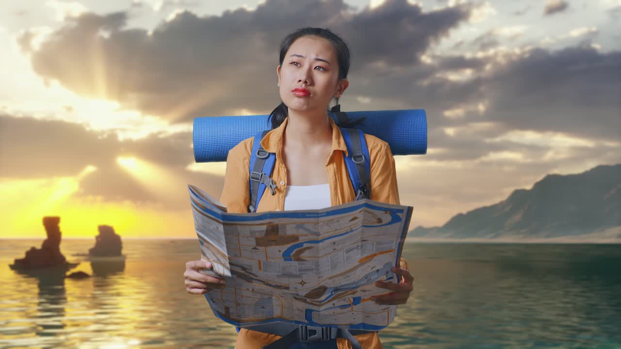 Asian Female Hiker With Mountaineering Backpack Looking At The Map Then Looking Around While Standing on Beach During Sunset Time