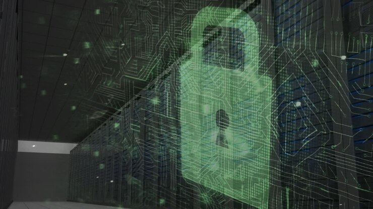 Animation of cyber attack warning and padlock over server room