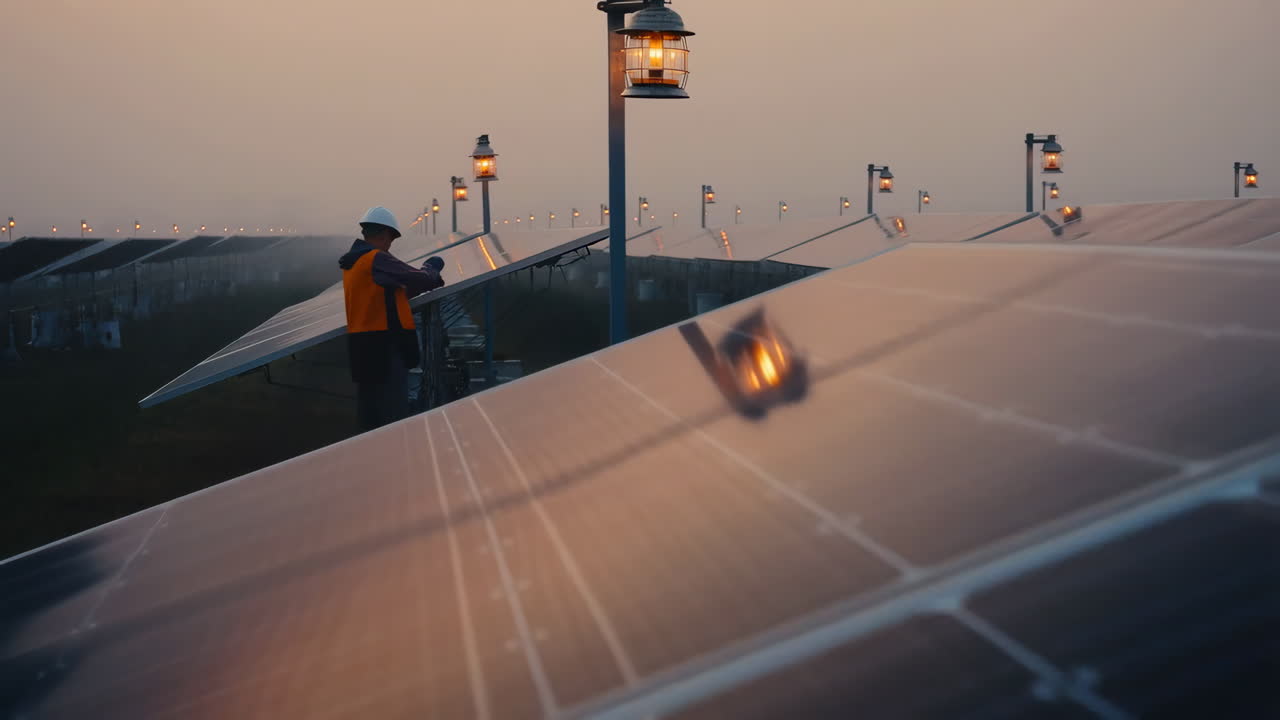 Engineer inspecting solar panels at a power plant during sunrise or sunset