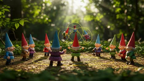a magical gathering of colorful gnomes enchanted by a mystical performance amidst the serenity of a sunlit forest clearing