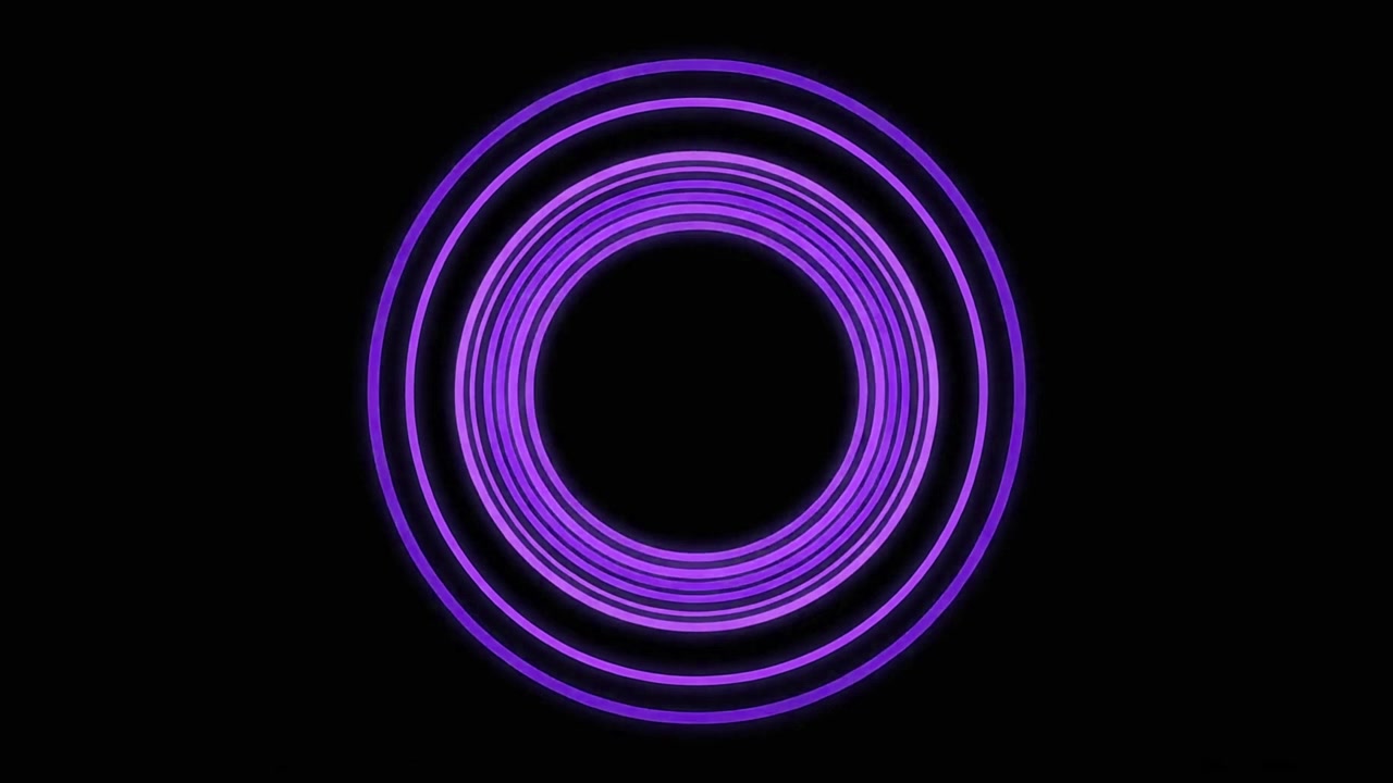 Abstract Purple Neon Rings Expanding on Black Background