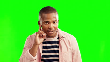 portrait, hand and black man to listen to secret