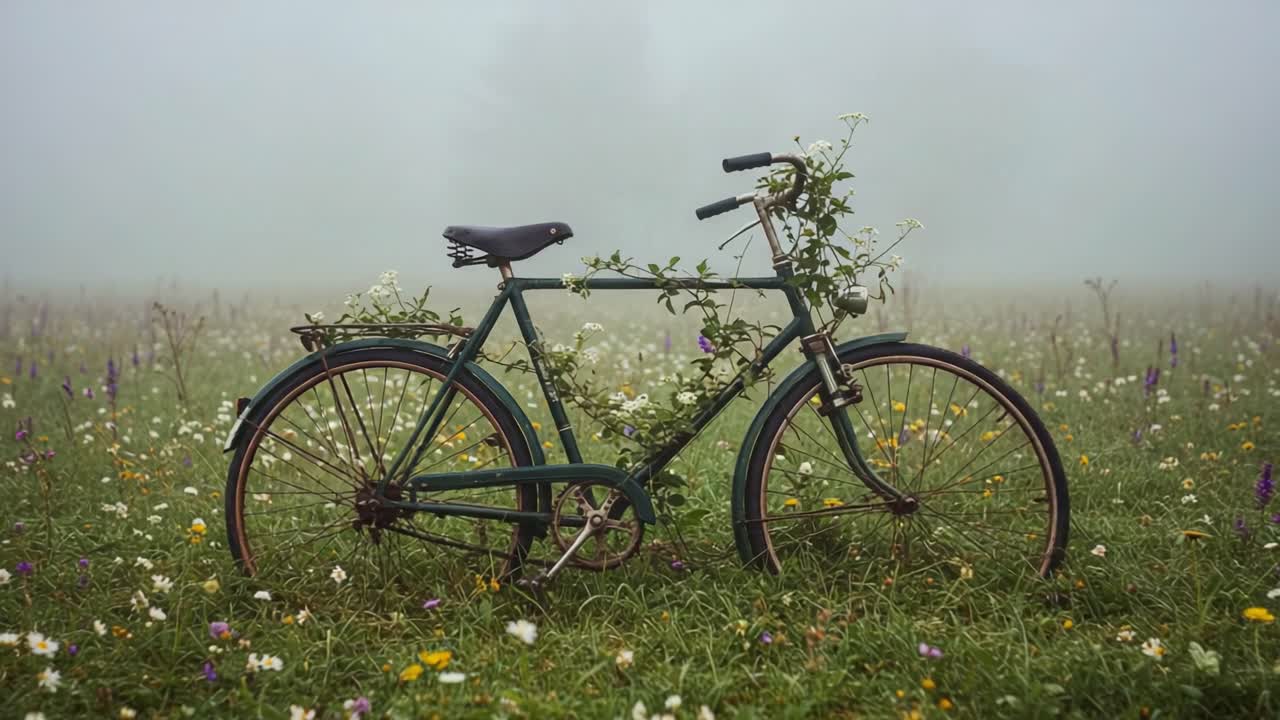 A Beautifully Overgrown Bicycle Embraced by Nature Stands in a Misty Meadow, Surrounded by Colorful Wildflowers and Drenched in Soft Morning Fog