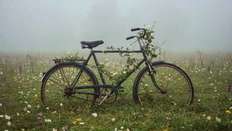 a beautifully overgrown bicycle embraced by nature stands in a misty meadow, surrounded by colorful wildflowers and drenched in soft morning fog