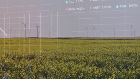 wind turbines in yellow field with stock market data animation overlay