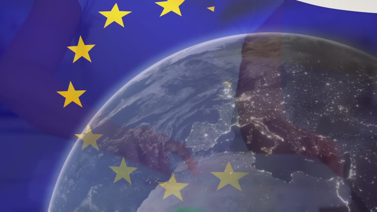 Animazione della bandiera dell'UE e di un globo su un volontario di etnia mista che differenzia i rifiuti.